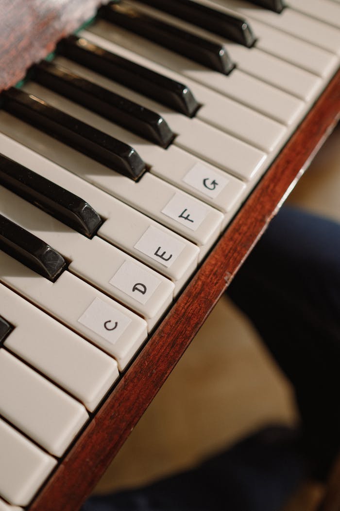 about-bg Detailed view of piano keys labeled with musical notes, ideal for music education.
